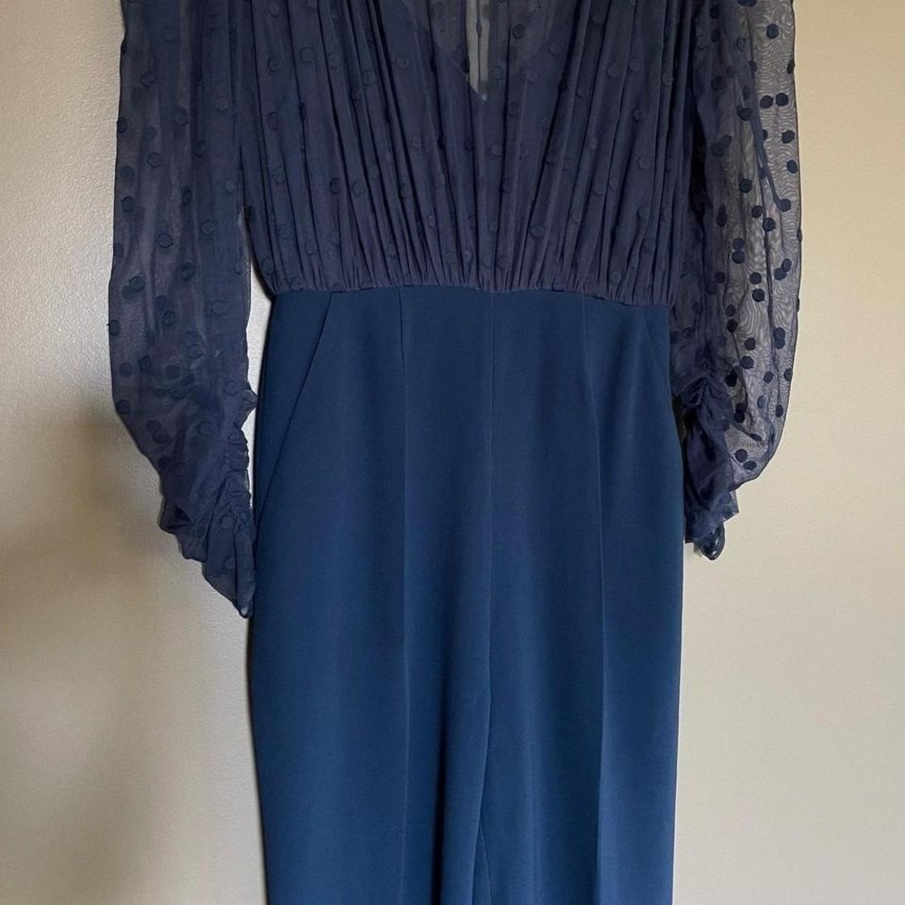 Saloni Bernadette Jumpsuit in Navy Blue Size 2 Sheer Embroidered Dot Chic Sexy - Picture 6 of 8